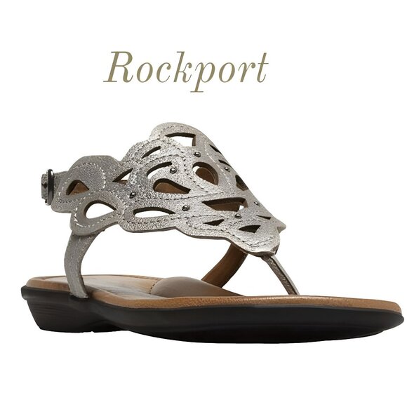 Rockport Bronze-Silver Taupe Thong Tooled Cut Out Embossed Sandals Shoes 8.5